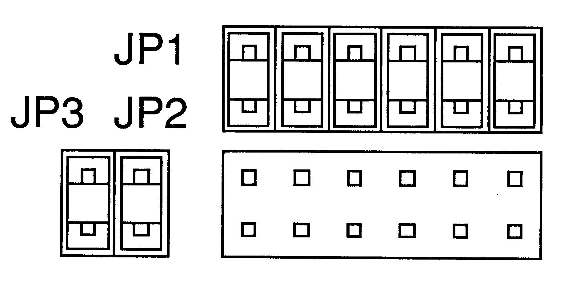 Diagram showing the fitting of jumpers to
the jumper pin arrays, jumpers shown fitted to JP1 and JP3